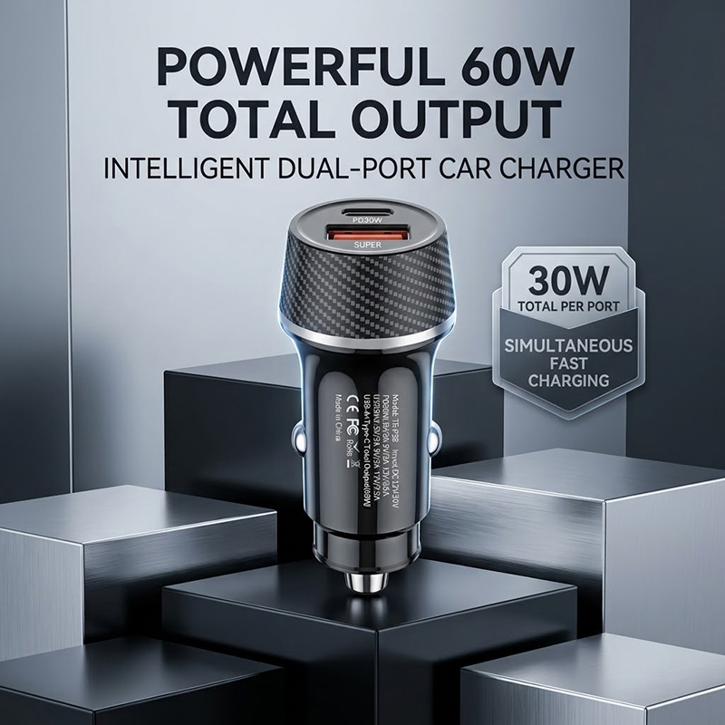 Usb C Hub - ที่ชาร์จในรถยนต์แบบเร็ว 60W อะแดปเตอร์สองพอร์ต PD30W Type C
